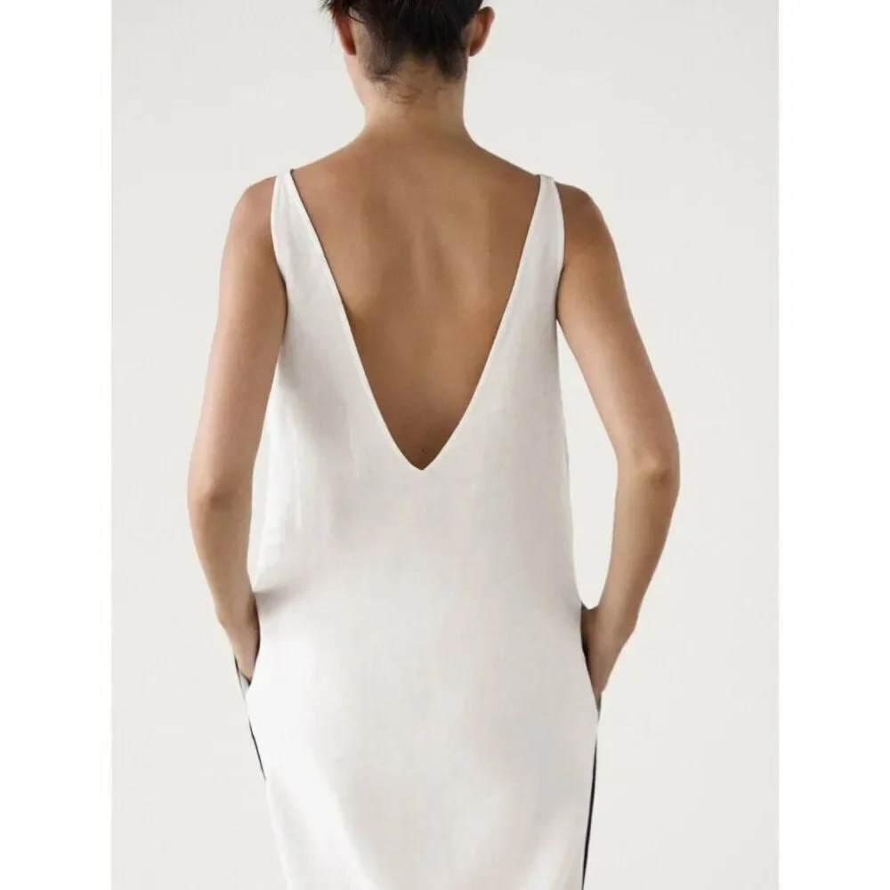 Massimo Dutti Womens Midi Dress XS White Black Linen Sleeveless 6698/231 NWT - Picture 4 of 11
